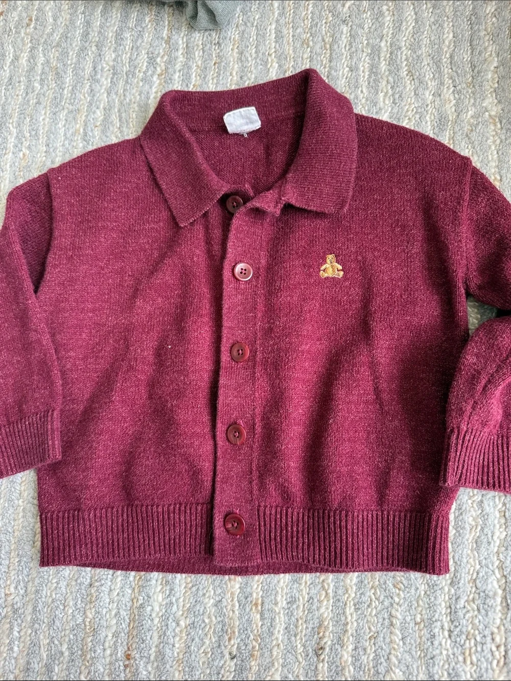 Boys Baby GAP Burgundy Knit Button-Up Cardigan with Teddy Patch